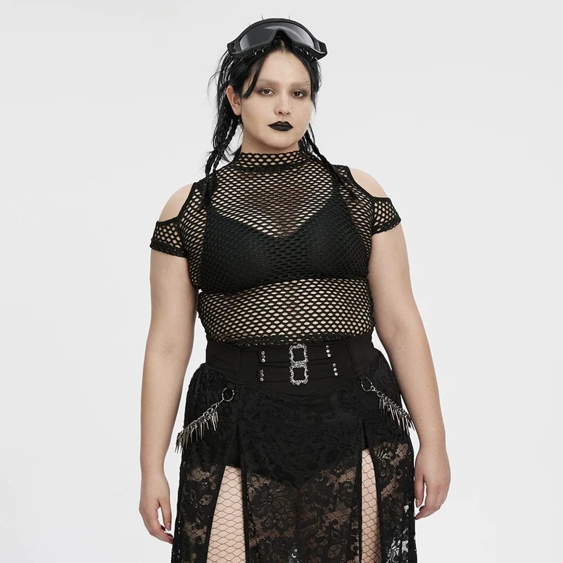 Dam Plus Size Punk Transparent Mesh Topp Med Utskurna Mönster Svart