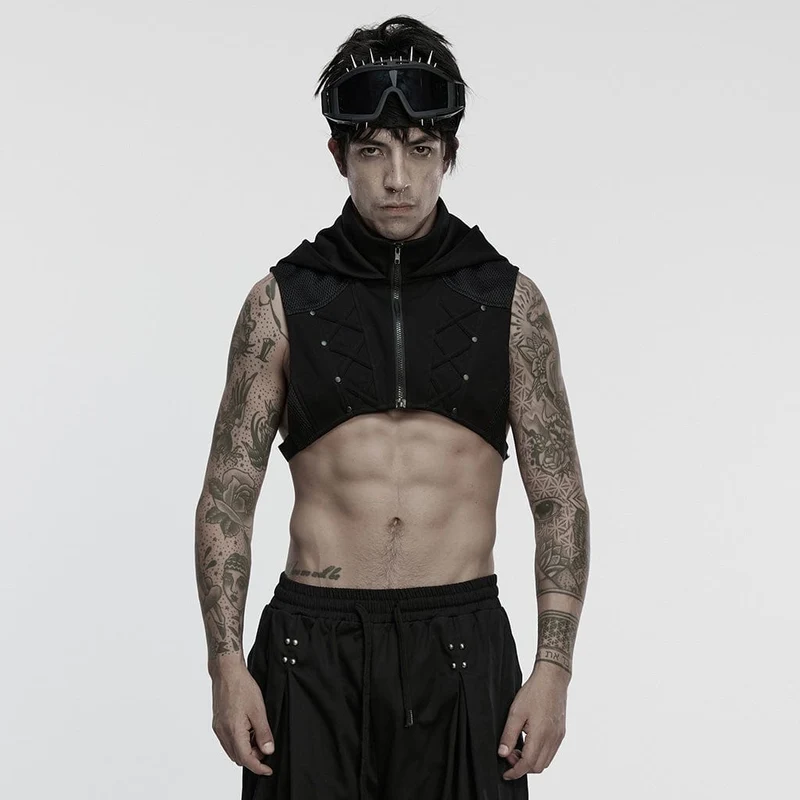 Herr Cyberpunk Stand Collar Zip Hooded Kort Väst