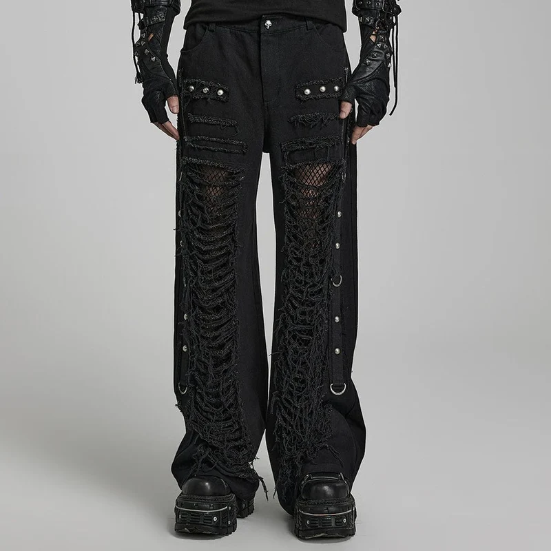 Punk Ripped Mesh Split Straight Pants för män
