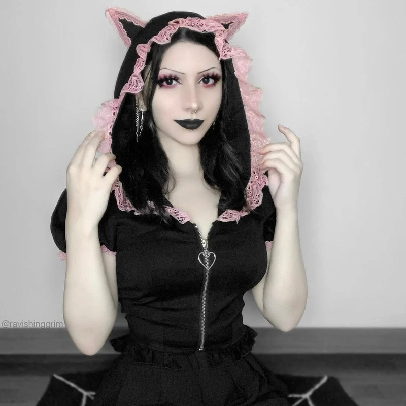 Dam Lolita Front Zip Kortärmad Crop Top med Cat Hood