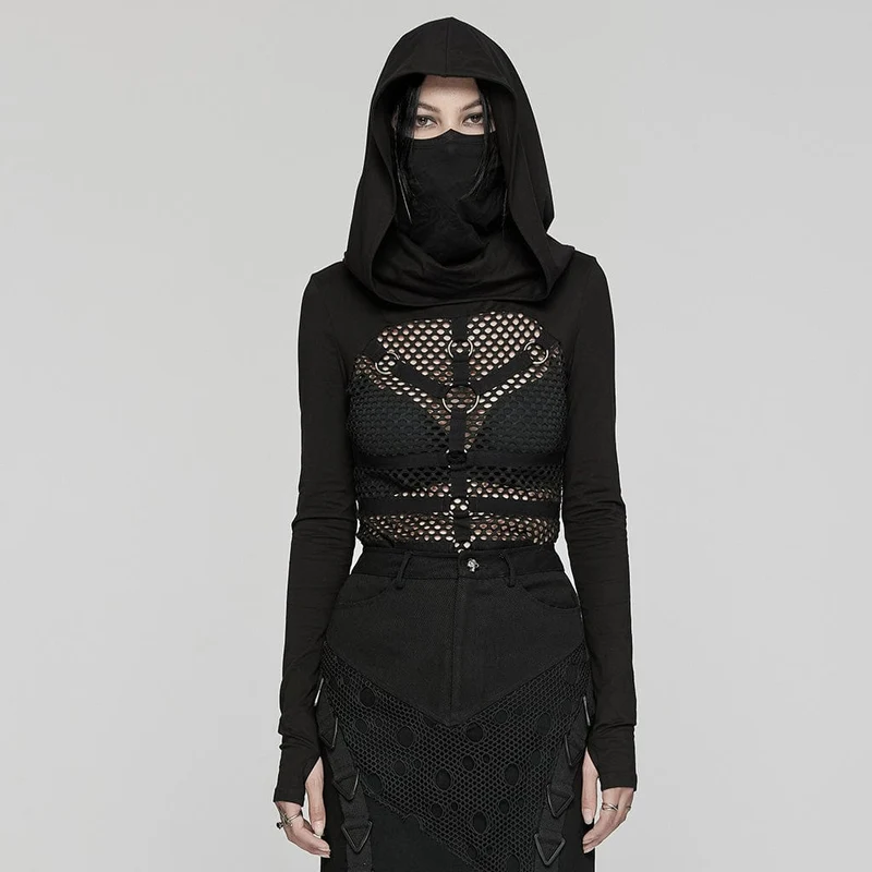 Punk Mesh Splice Sheer Hoodies för kvinnor