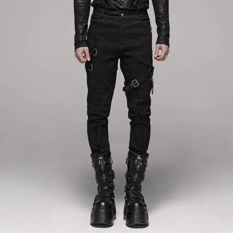 Herr Goth Ripped Straps Skinny Denim Byxor med midjekedja