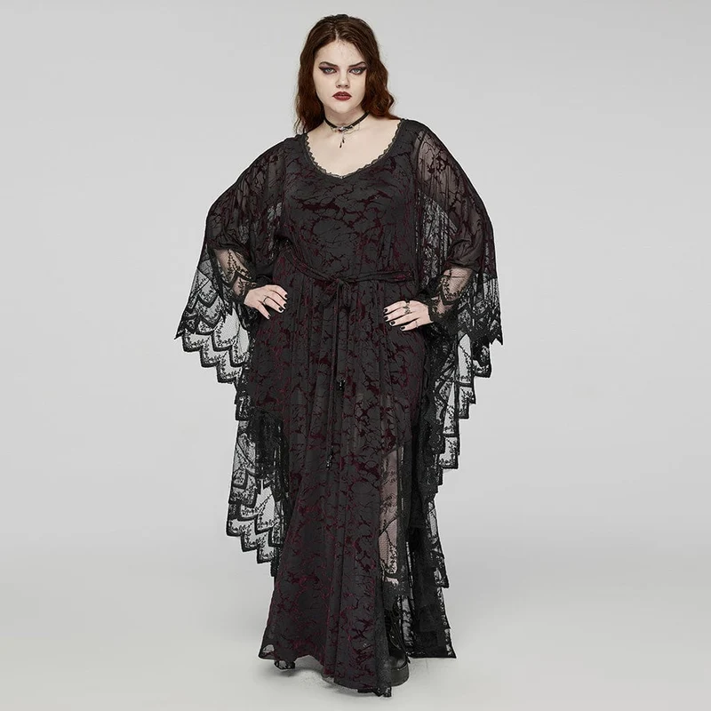 Dam Plus Size Gothic Plunging Bat Sleeved Svart Röd Häxklänning