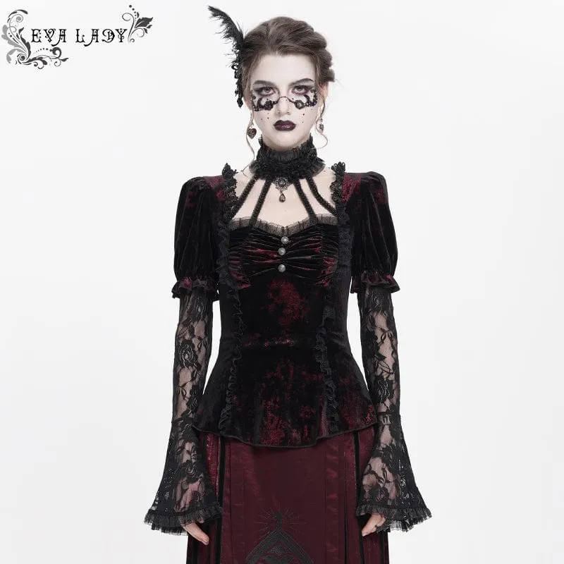 Dam Gothic Mesh Puff Långärmad Sammetsskjorta Röd