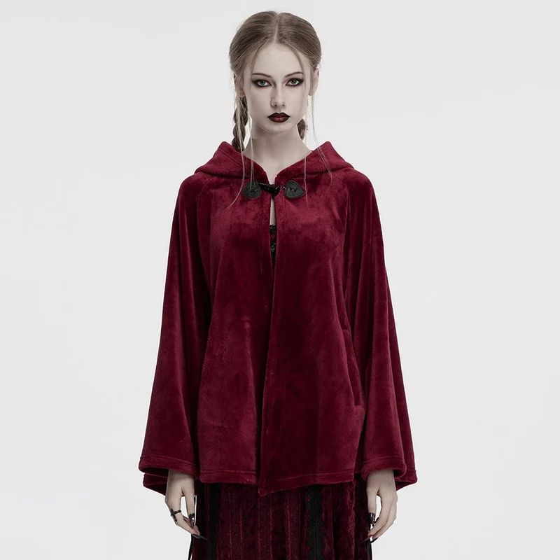 Dam Gothic Moon Broderad Sammetskappa med Huva, Röd