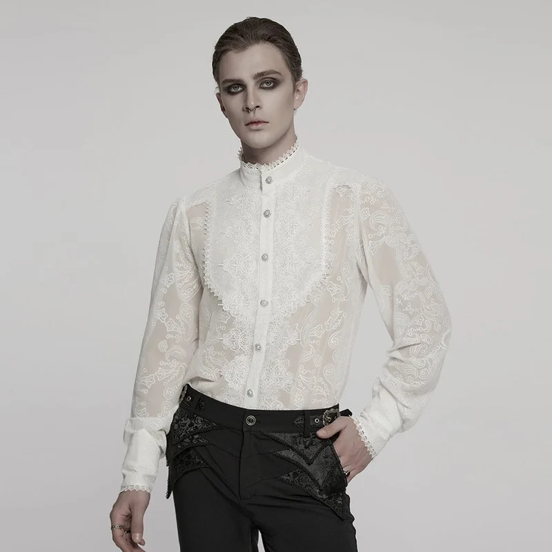 Herrskjorta med ståkrage och broderad, transparent chiffong, vit, gotisk