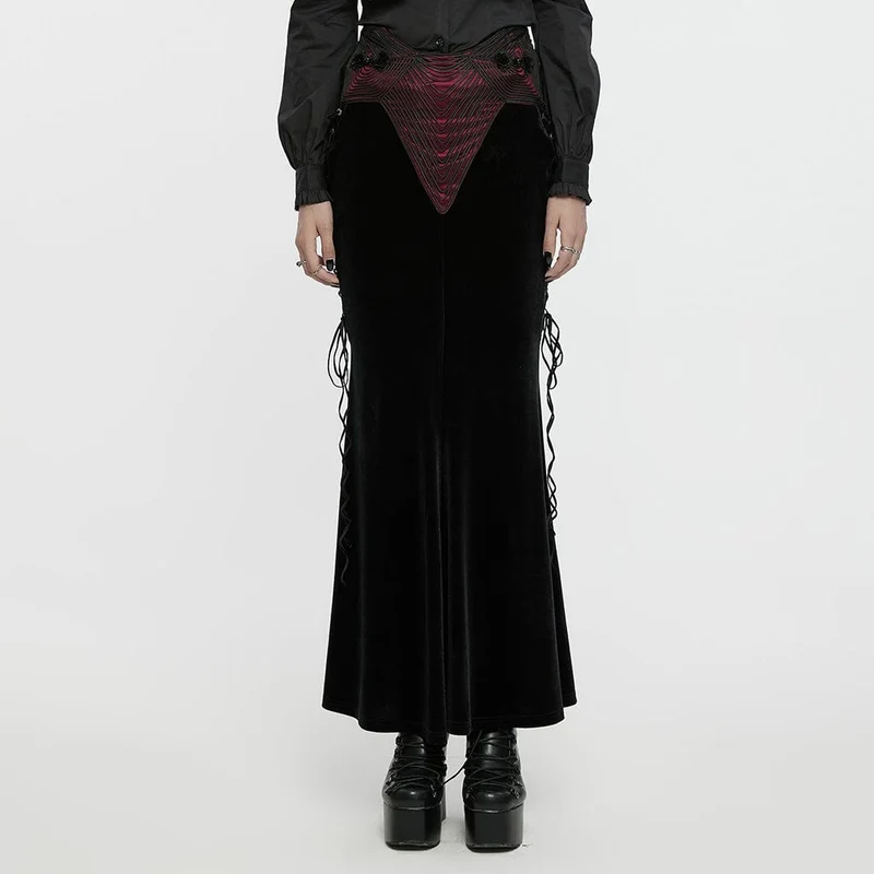 Gothic Rose Broderad Snörning Fishtailed Velvet Kjol Svart-Röd