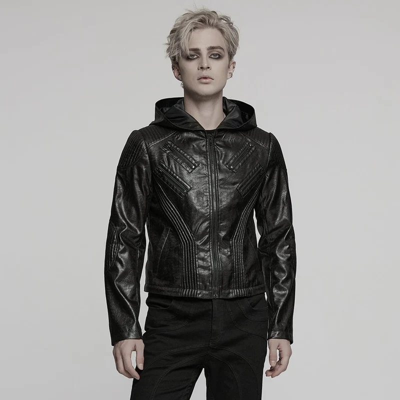 Herrkappa i punk, rynkad konstläder med avtagbar passform