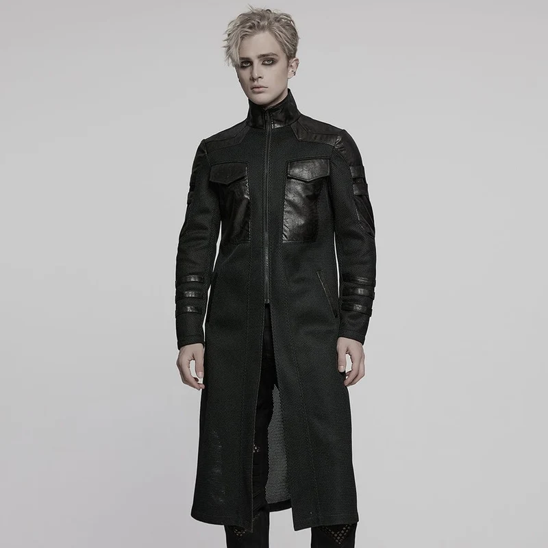 Herr Cyberpunk Stand Collar Mesh Splice Läderkappa