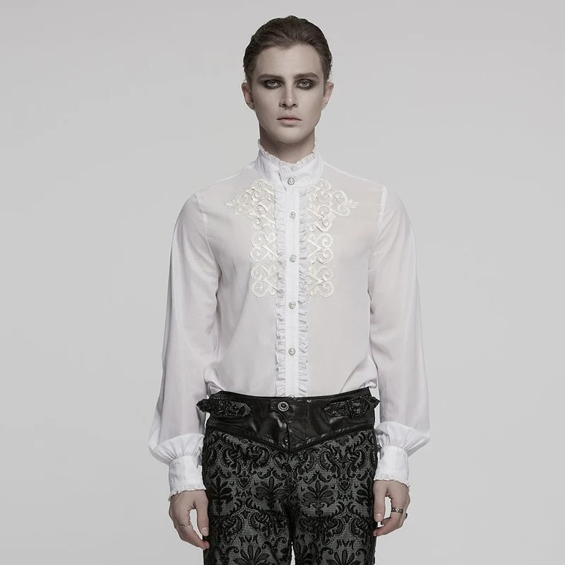 Herrskjorta med volang, broderad, transparent passform, vit, gotisk