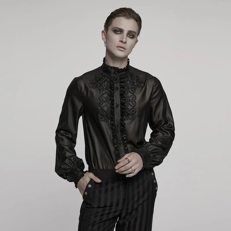 Herrskjorta med volang och broderi, transparent, svart, gotisk