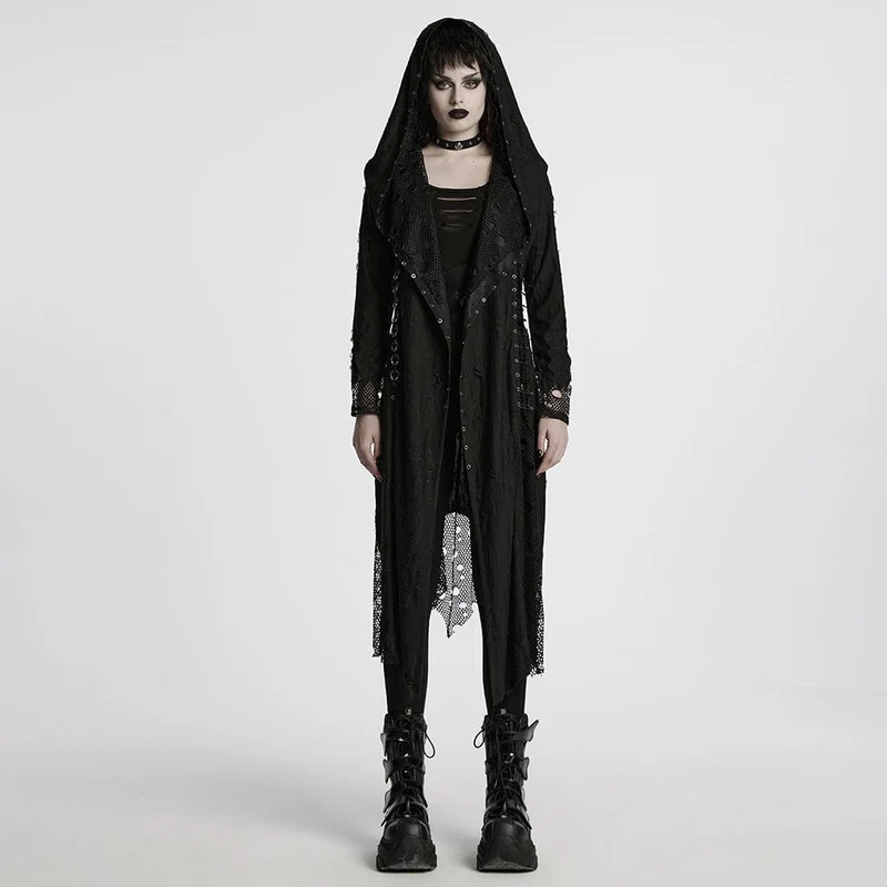Gothic Ripped Mesh Split Coat för kvinnor med huva