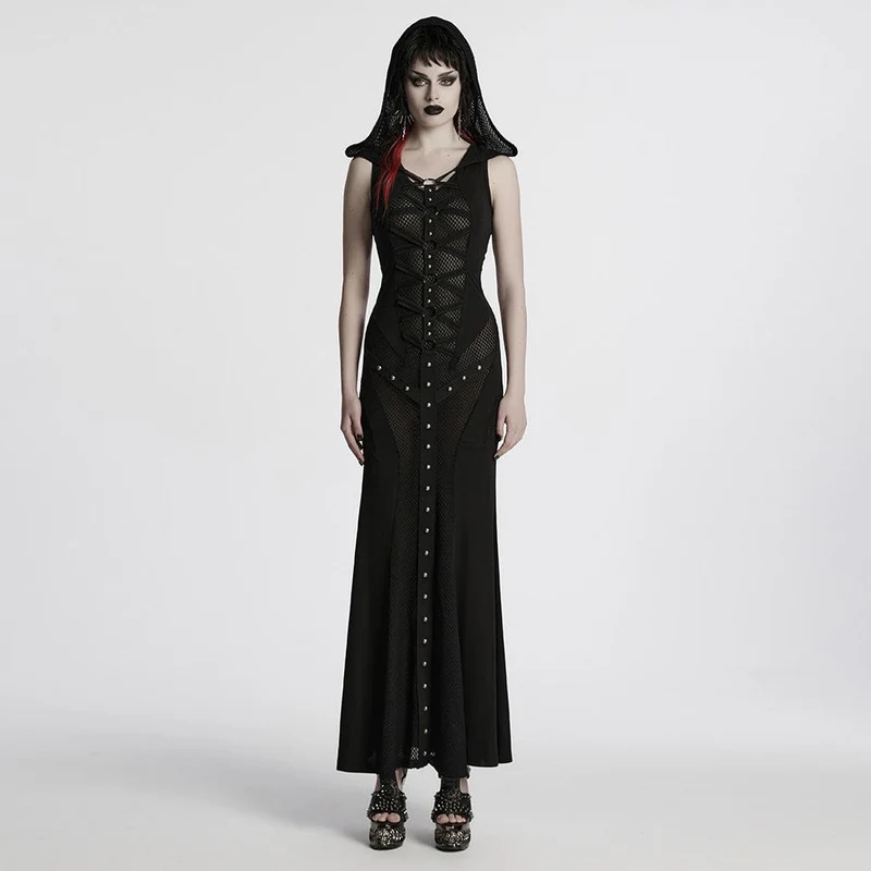 Dam Punk Strap Mesh Splice Sheer Klänning med huva
