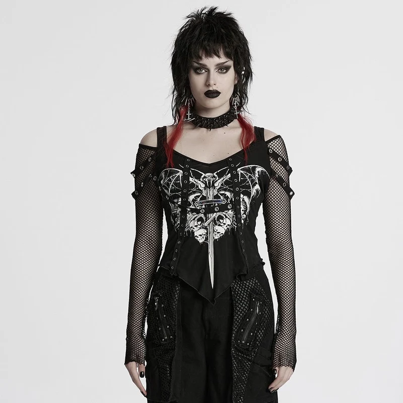 Kvinnors Punk Cutout Skull Printed Mesh Splice Shirt