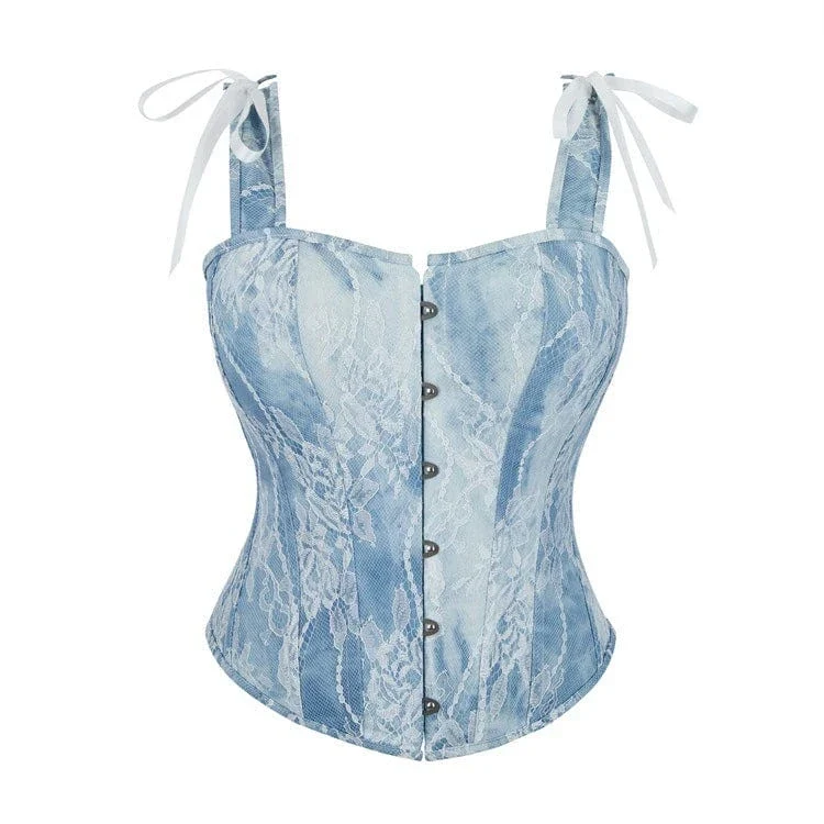 Gothic Spets Spets Spets Denim Overbust Korsett för kvinnor