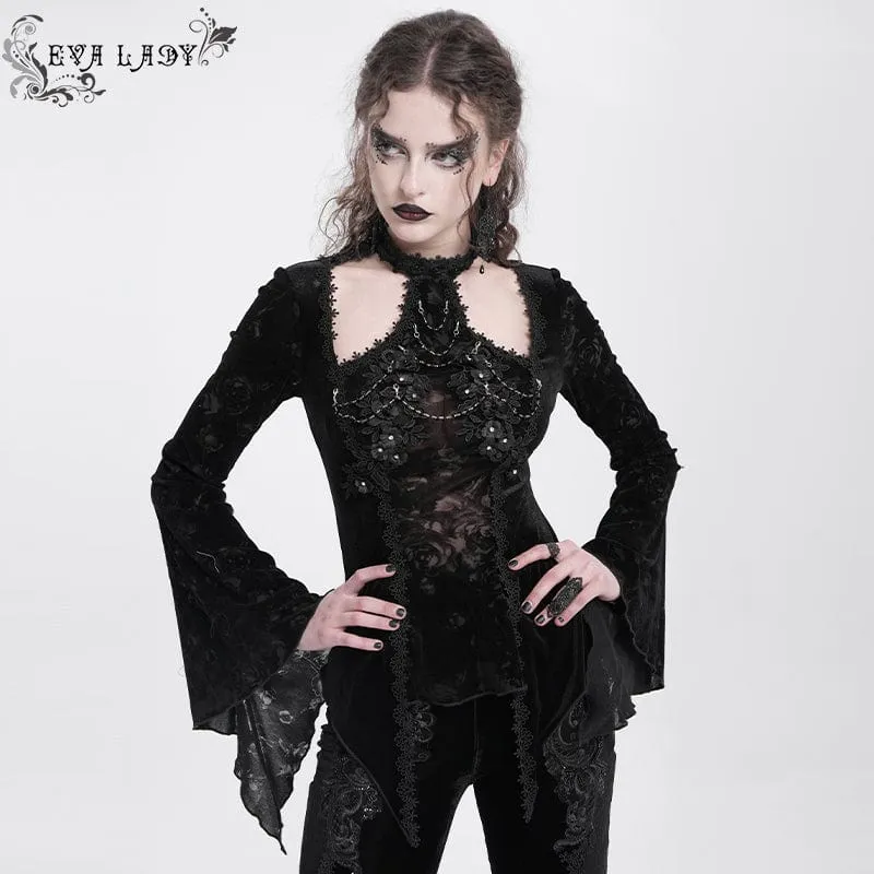 Gothic Cutout Utsvängd sammetsskjorta med ärmar för kvinnor Svart