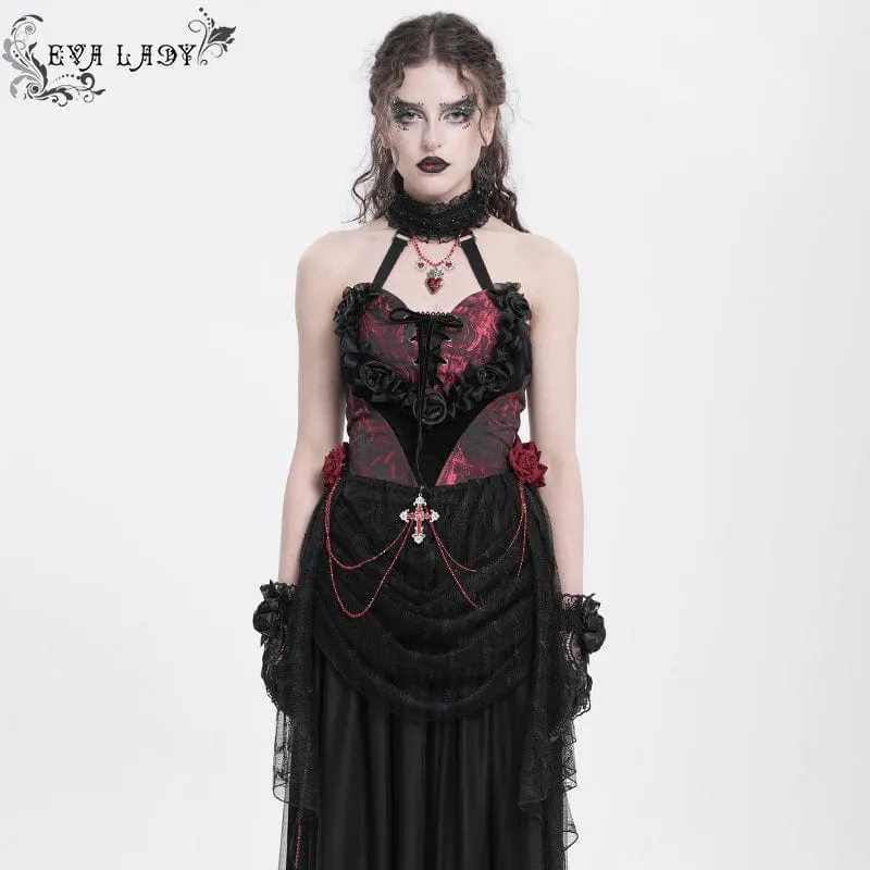 Gothic Rose Heart Spets Spets Halterneck Skjorta Röd