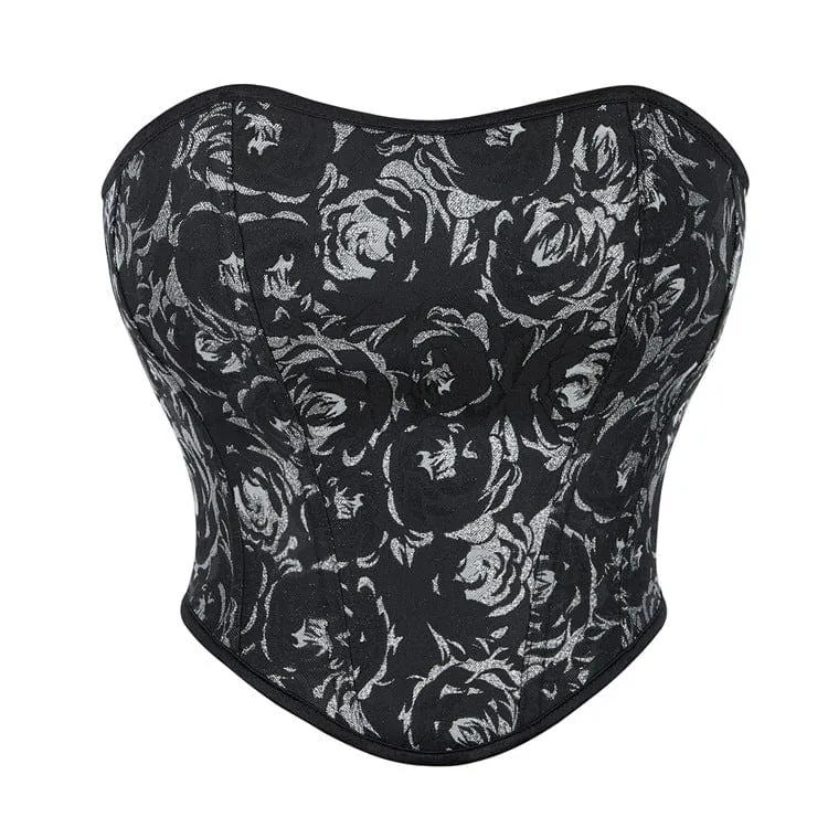 Gothic Black Rose Printed Overbust Korsetter för kvinnor