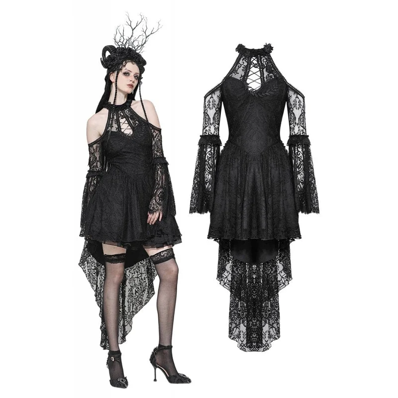 Gothic off-the-shoulder hög/låg spets aftonklänning för kvinnor