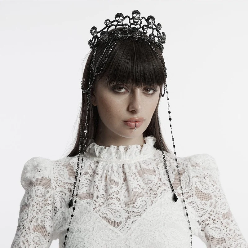 Gothic Rhinestone Skull Crown för kvinnor med pärlkedja