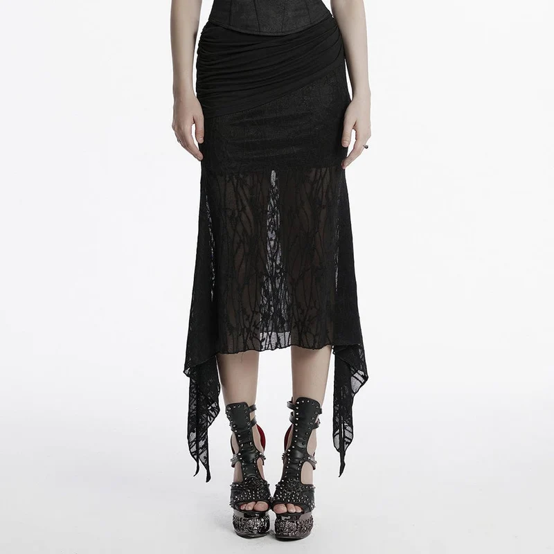 Kvinnor Punk Irregular Ruched Mesh Fishtail kjol