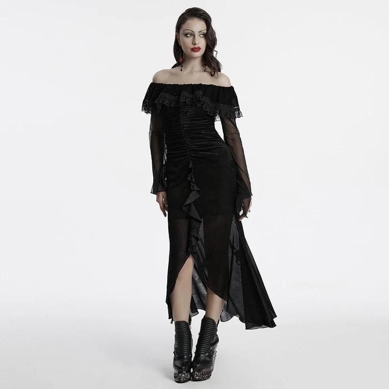 Gothic off-shoulder balklänning med volang i mesh för kvinnor