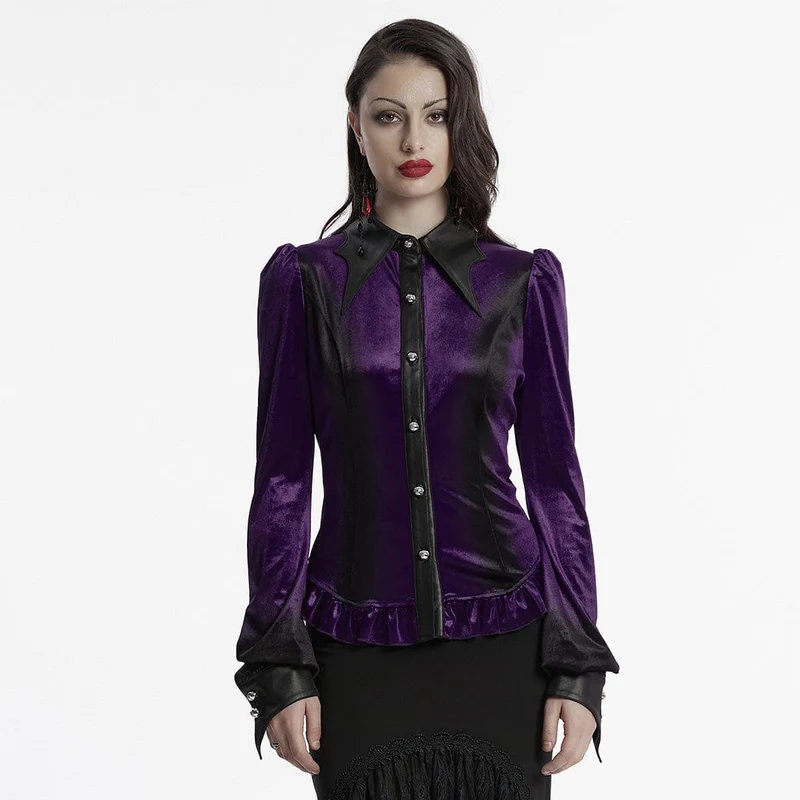 Gothic puffärmad gradient sammetskjorta för kvinnor Violet