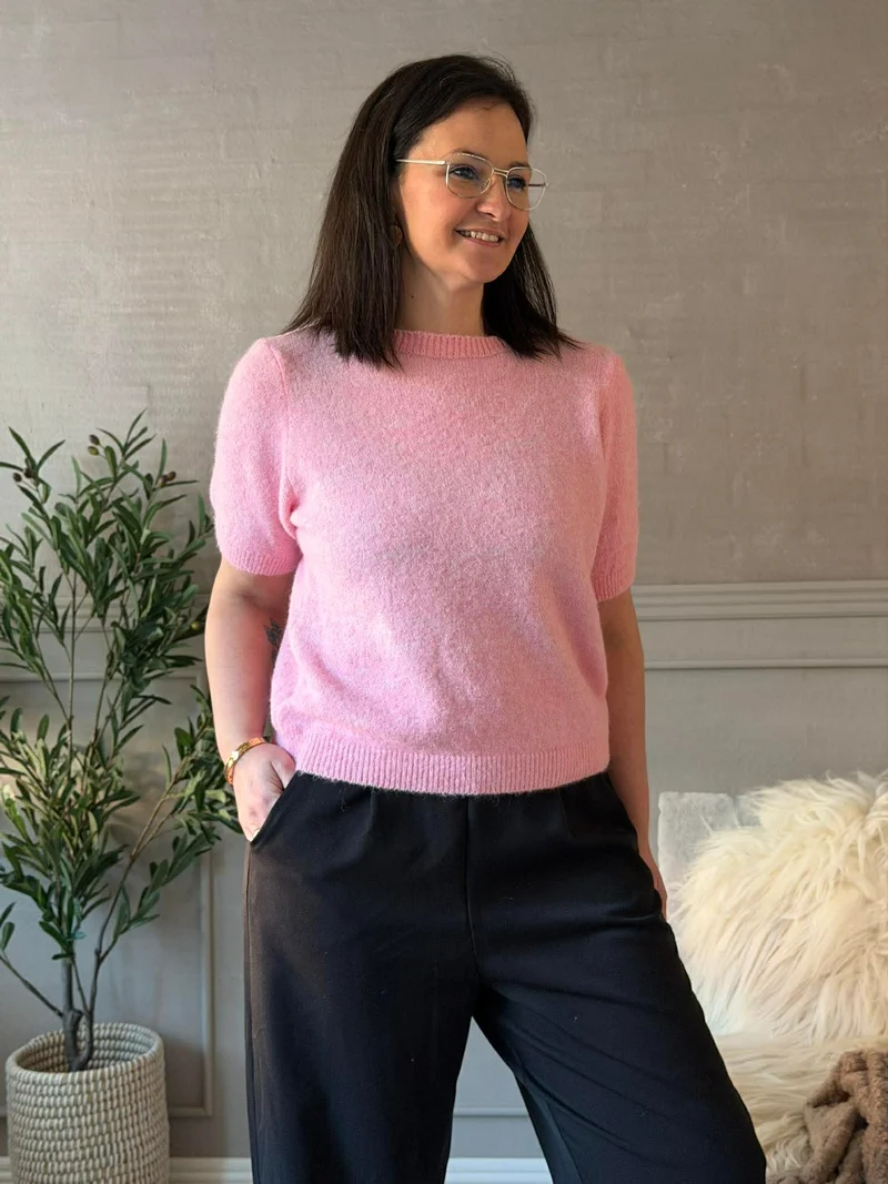 Stickad tröja med 3/4-ärmar - Rosa
