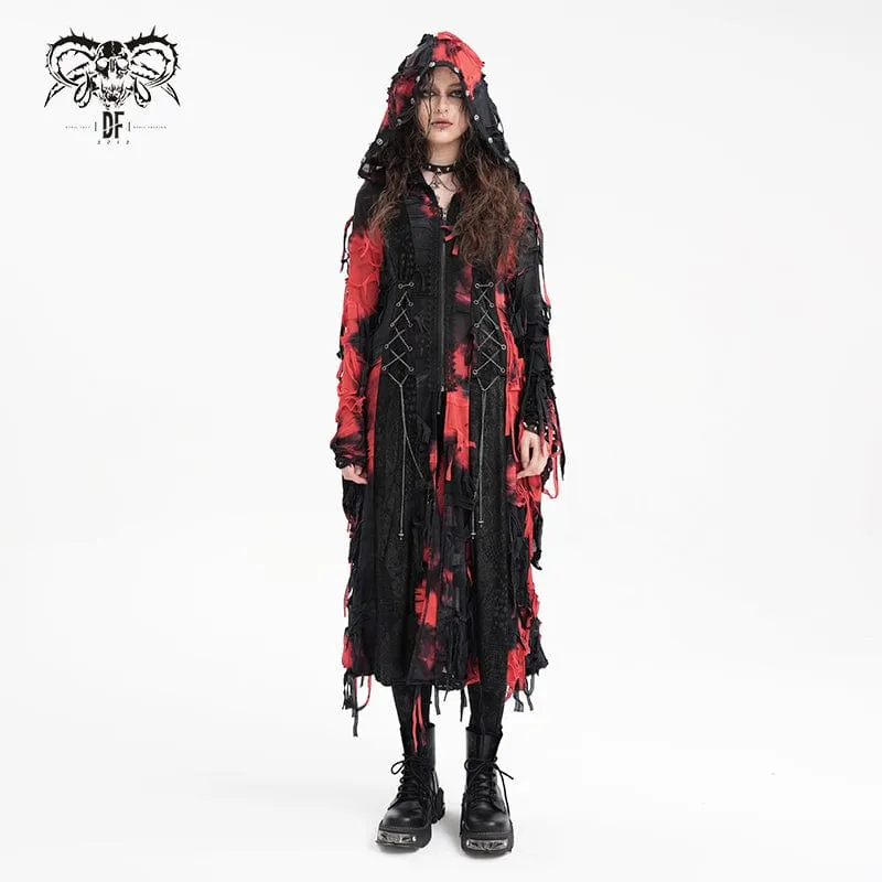 Kvinnors Punk Ripped Chain Lace Coat Svart-röd