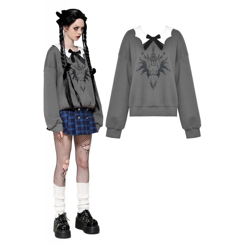 Grunge Bowknot Bat Sweatshirt för kvinnor, grå