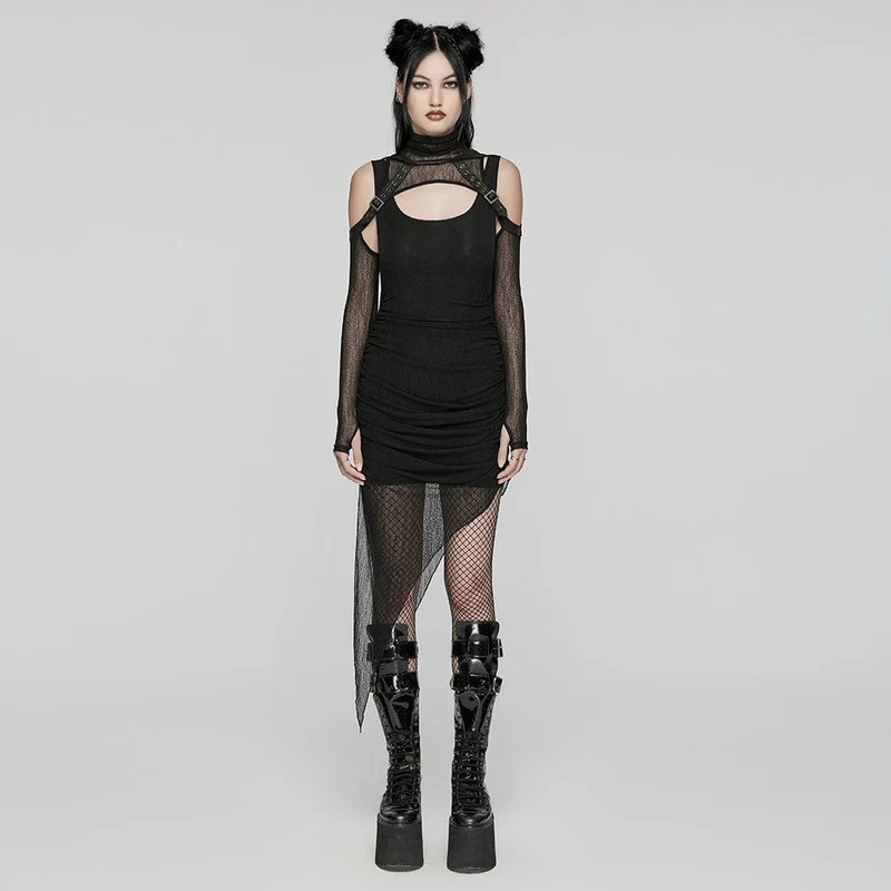 Punk Irregular Ruched Black Party Dress för kvinnor med huva