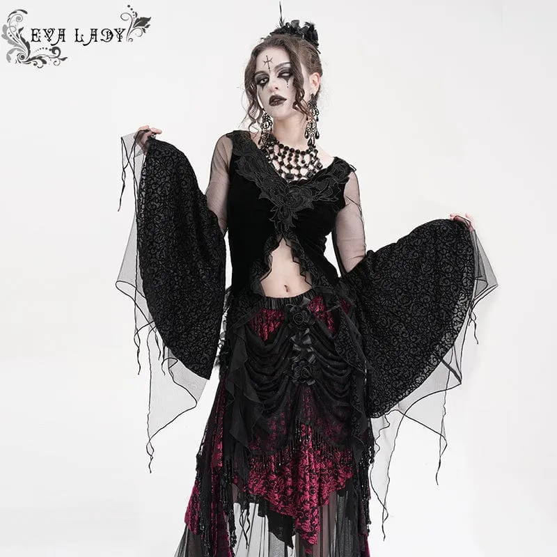Gothic Ripped Mesh Långärmad Crop Top för kvinnor