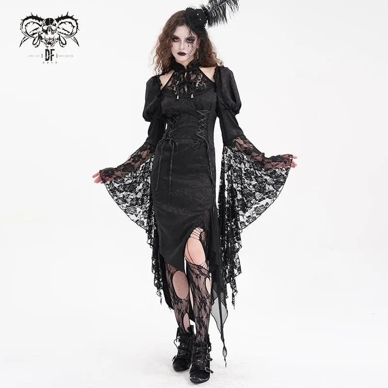 Gothic Cut-out Spets Spets Oregelbunden Hem Klänning för kvinnor