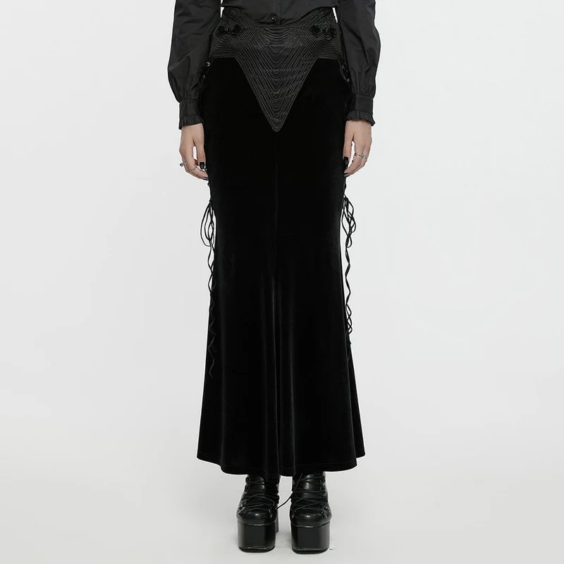 Gothic Rose Broderad Snörning Fishtailed Velvet Kjol Svart