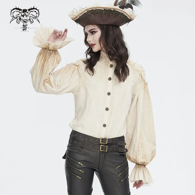 Steampunk Stativkrage Puffärmad beige skjorta för kvinnor