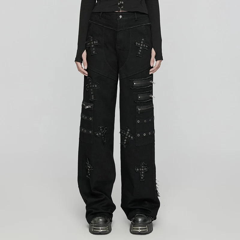 Kvinnors Punk Cross Patch Jeansbyxor med stor ficka
