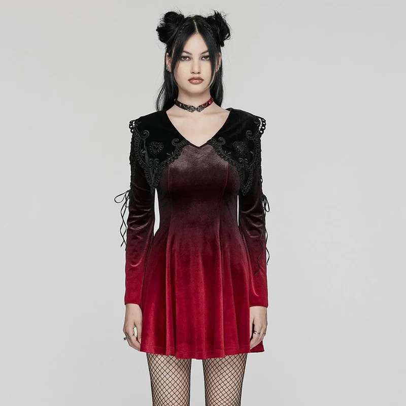 Gothic Doll Krage Gradient Sammet Balklänning Röd
