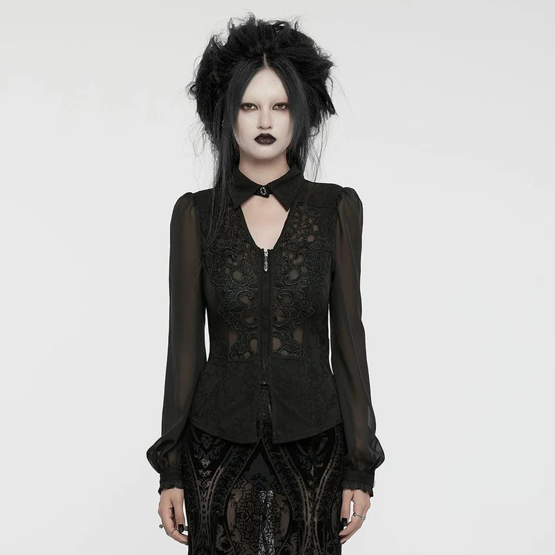 Gothic Plunging Puff Sleeved Chiffongskjorta för kvinnor