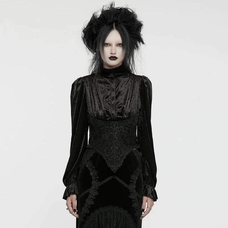 Gothic Irregular Stand Collar Plisserad sammetskjorta för kvinnor