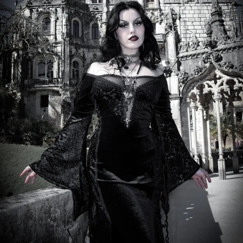 Gothic off-shoulder-klänning med spetsskarvad sammet för kvinnor