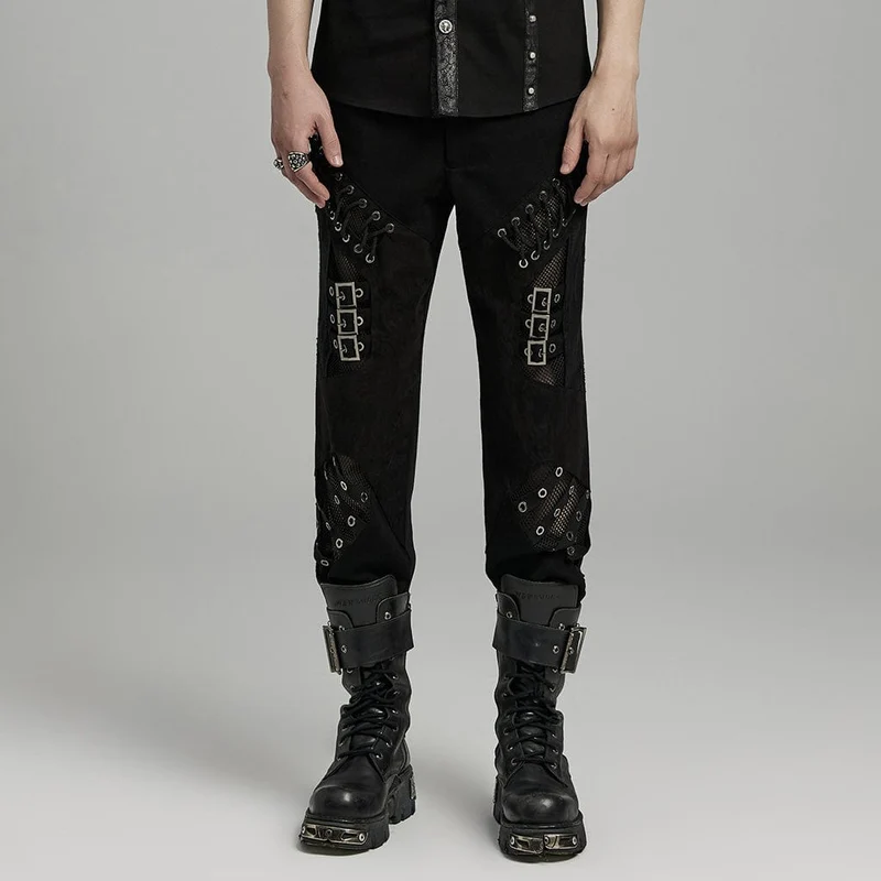 Punk Mesh Splice Bucket Straps Byxor för män