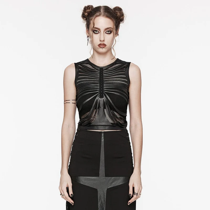 Punk Ribbed Mesh Splice Linne för kvinnor