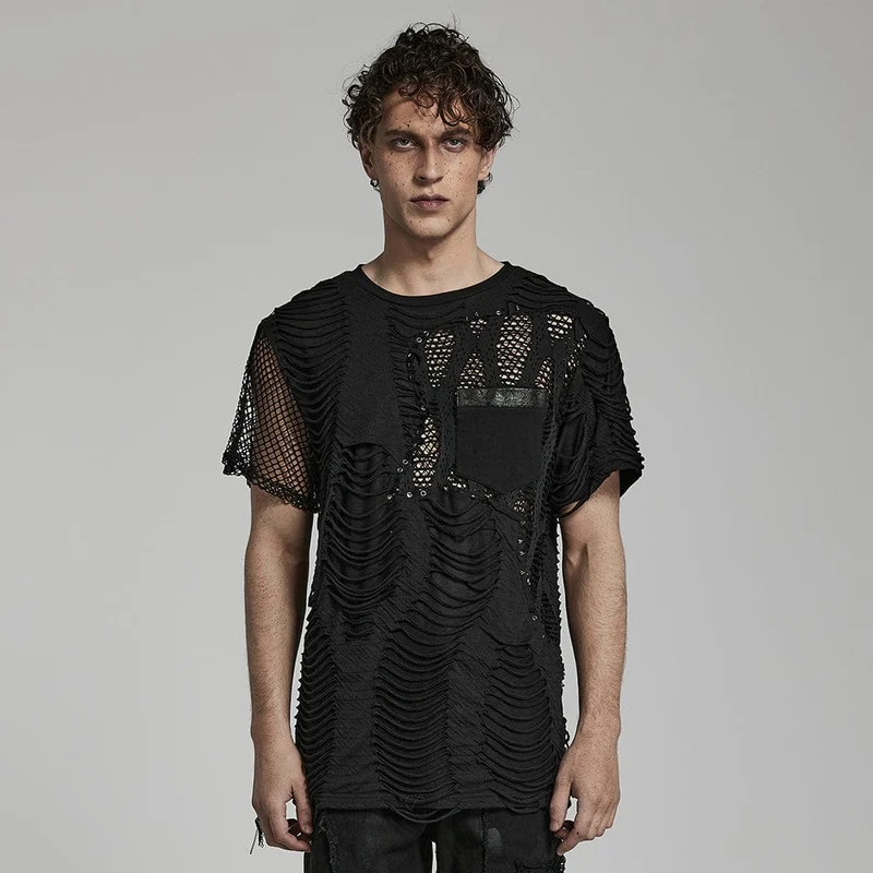 Punk Ripped Mesh Splice T-shirt för män