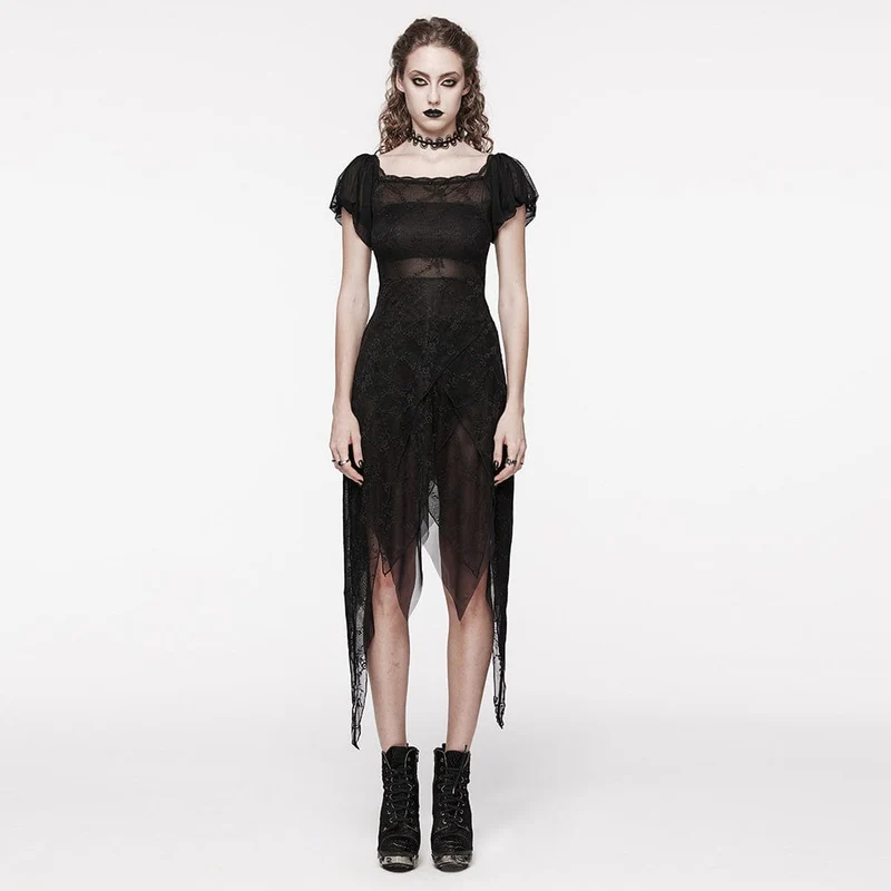 Gothic Irregular Puff Sleeved Mesh Klänning för kvinnor
