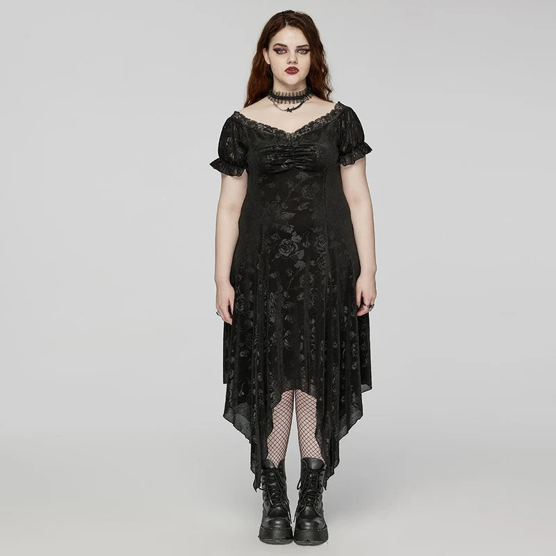 Dam Plus Size Gothic Irregular Plunging Präglad smekmånadsklänning