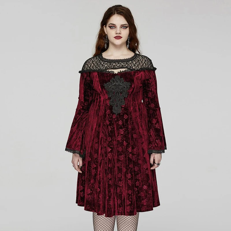 Kvinnors Plus Size Gothic utsvängda ärmar präglad sammetsröd högtidlig klänning