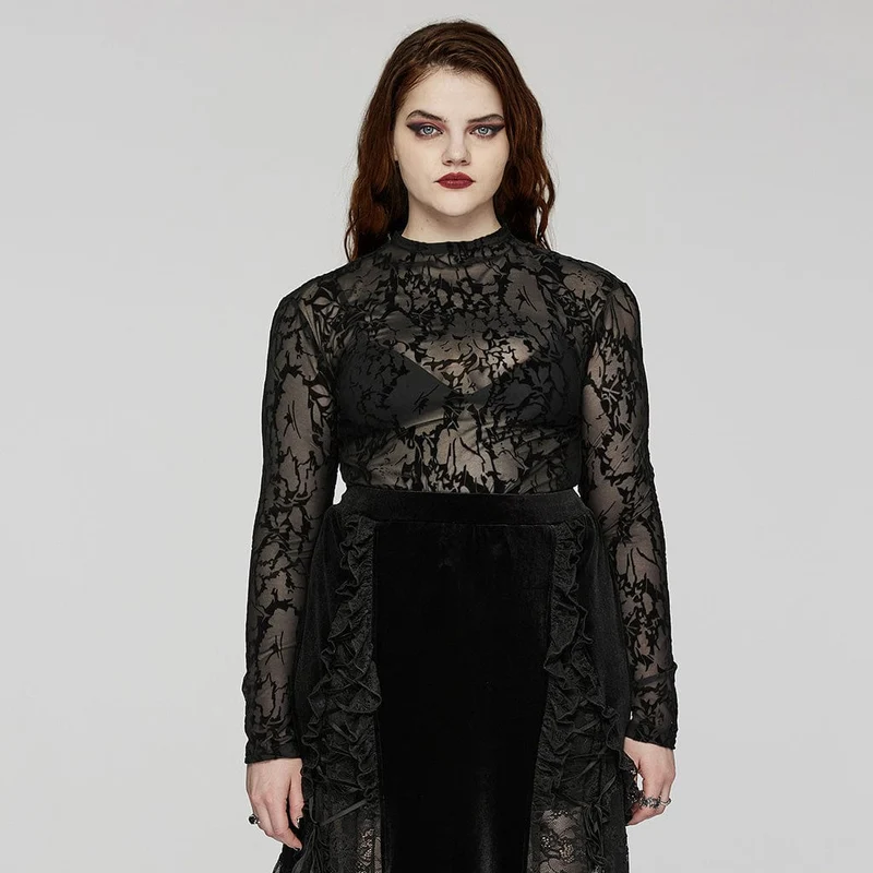 Damer Plus Size Gothic Flocking Sheer Mesh Top