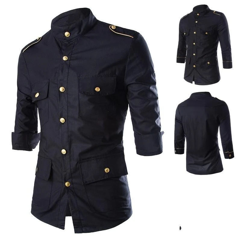 Multi Pocket Epaulette 3/4 ärm Dress Shirt