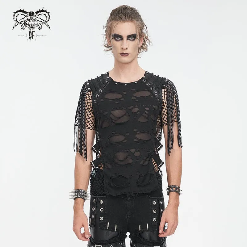 Punk Ripped Tassels Mesh Splice T-shirt för män
