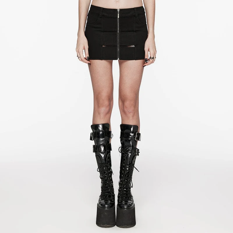 Dam Punk Mesh Splice Zipper Kjol Svart